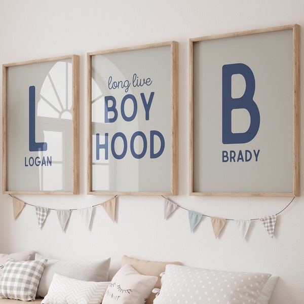 Gray Blue Set of 3, Long Live Boyhood, Neutral Toddler Room, Sibling Printable, Brothers Poster, Brotherhood Print, Navy Blue boy room
