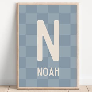 Nombre personalizado, impresión azul boho, guardería azul pizarra, impresión de nombre personalizado, decoración de pared para niños pequeños, descargable, imprimible, póster de tablero de ajedrez