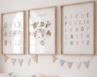 Educational Posters, Set of 3 Kids Prints, Neutral Alphabet Number Prints, Printable, Homeschool Decor, educational resources, ABC POSTER