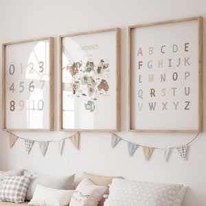 Posters éducatifs, lot de 3 impressions pour enfants, impressions chiffres alphabet neutres, imprimable, décoration d'école à la maison, ressources pédagogiques, poster ABC