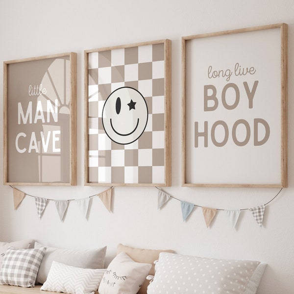 Little Man Cave, lang leve de jongensjaren, neutrale kwekerij, geruite smiley poster, baby jongens kinderkamer decor, peuter poster, gedeelde kamer tweeling