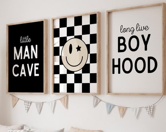 Little Man Cave, Long Live Boyhood , Black White Nursery, Checkered Kids Room Poster, Baby Boys Kids Room Decor, Toddler Poster, shared room