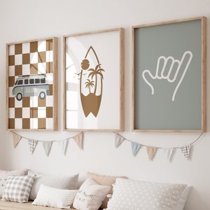 Nombre personalizado, habitación de niño surfista retro, guardería de playa, decoración de habitación infantil para bebés varones, póster para niños pequeños, juego de 3 impresiones, regalo para recién nacidos, autocaravana
