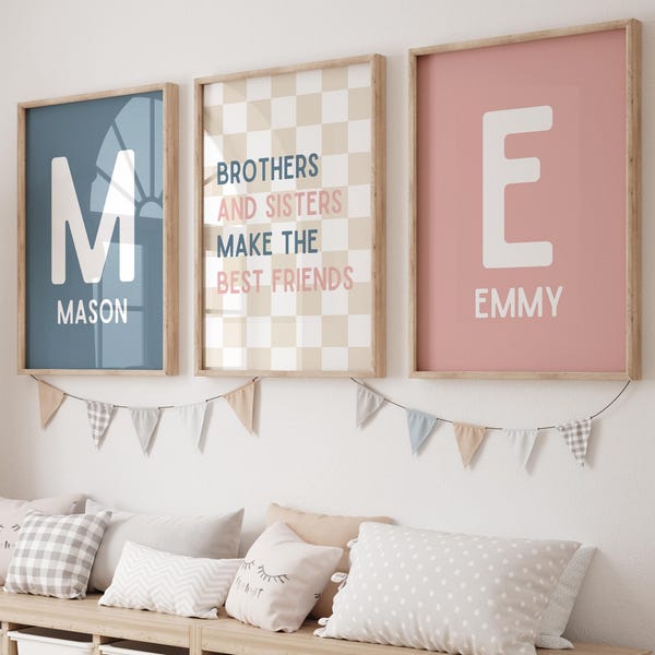 Brother and Sister Print, Sibling Print, Brother Sister Decor, Kids Room Wall Art, gallery wall set, Navy and Pink Playroom, Playroom Prints