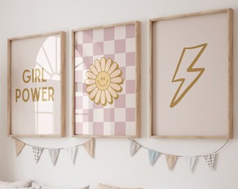 Girl Power, Set of 3 Printable, Pink Mustard Nursery, Checkered Nursery Poster, Neutral Kid Room Decor, shared girl room, baby girl room