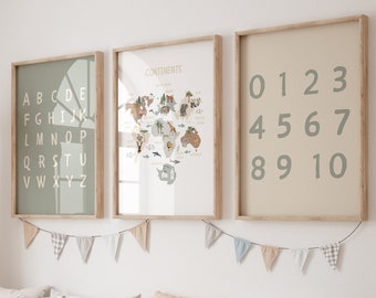 Educational Posters, Set of 3 Kids Prints, Neutral Alphabet Number Prints, Printable, Homeschool Decor, educational resources, ABC POSTER