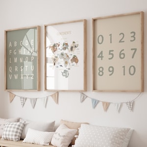 Poster educativi, set di 3 stampe per bambini, stampe con numeri alfabetici neutri, stampabili, decorazioni per la scuola domestica, risorse educative, POSTER ABC