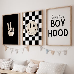 Set of 3, Peace Sign, Long Live Boyhood , Black White Nursery, Checkered Smiley Poster, Baby Boy Kid Room Decor, Toddler Poster, shared room