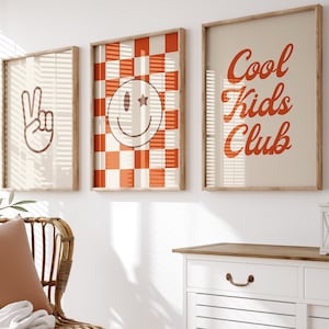 Digital Download, Set of 3, Cool Kids Club, Checkerboard nursery , Retro Boy Room, Toddler Room Decor, Retro Red Print, Checkered Peace Sign