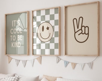It's Cool To Be Kind, Sage Green Nursery, Checkered Smiley Poster, Baby Boys Kids Room Decor, Toddler Room, shared room, peace sign poster