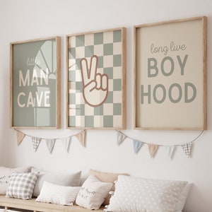 Cueva del hombrecito, Larga vida a la infancia, Guardería verde salvia, Póster a cuadros, Decoración para habitación de bebé niño, Póster para niño pequeño, Habitación compartida, Símbolo de la paz