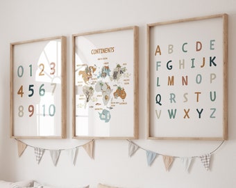Educational Posters, Set of 3 Kids Prints, Neutral Alphabet Number Prints, Printable, Homeschool Decor, educational resources, ABC POSTER