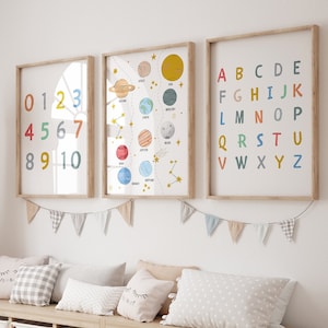 Poster educativi, set di 3 stampe per bambini, stampe con numeri alfabetici neutri, stampabili, decorazioni per la scuola domestica, risorse educative, POSTER ABC