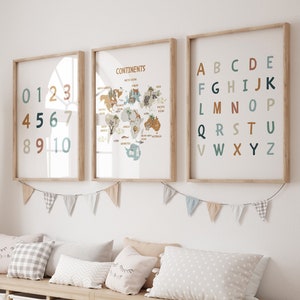 Poster educativi, set di 3 stampe per bambini, stampe con numeri alfabetici neutri, stampabili, decorazioni per la scuola domestica, risorse educative, POSTER ABC