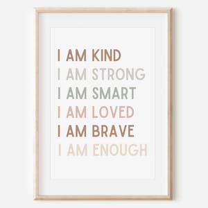 Digitale download, affirmatieprint, neutrale affirmatieposter, afdrukbaar, boho-peuterkamer, minimalistische kinderkamer, I Am Kind Smart Loved