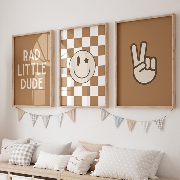 Rad Little Dude, Camel Nursery, Checkered Smiley Poster, Baby Boys Kids Room Decor, Toddler Poster, shared room, bohemian brown boy room