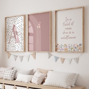 Personalized Name Print, Set of 3 Girl Pink nursery Print, Wildflower Printable, Girls Room Wall Art, Custom Name Wall Decor, Pink Baby Room