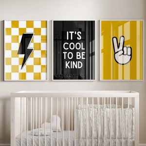 Habitación infantil en amarillo y negro, rayo a cuadros, decoración para habitación infantil, póster para niños pequeños, habitación compartida, símbolo de la paz, juego de 3, es genial ser amable