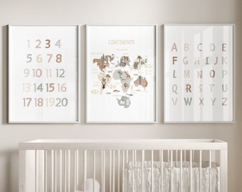 1-20, Educational Posters, Set of 3 Kid Print, Neutral Alphabet Number Print, Printable, Homeschool Decor, educational resources, ABC POSTER