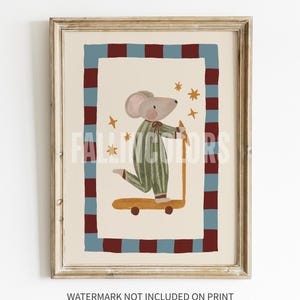 May include: A framed print showing a mouse in striped pyjamas on a scooter. The artwork has a cream background with a border of alternating burgundy and blue squares. Gold stars are scattered around the mouse.