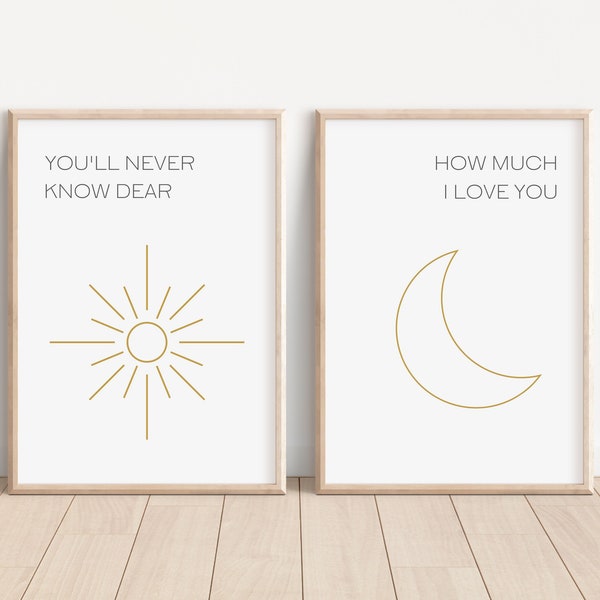 You'll Never Know Dear, How Much I Love You, Set of 2 Kids Room Poster, Boho Nursery Prints, Minimal Printable Wall Art, Sun Moon Wall Decor