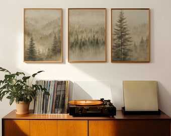 Set of 3 print, Neutral Fir Tree Wall Art, Aesthetic Poster, muted wall art, above bed, rustic tree, Botanical Print, Minimalist Wall Art