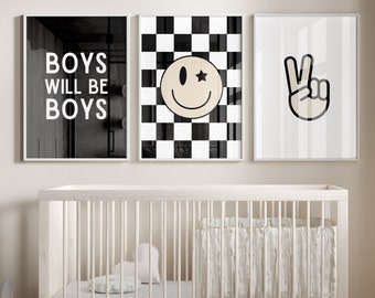 Boys Will Be Boys, zwart wit kinderkamer, poster kinderkamer geruit, baby jongens kinderkamer decor, peuter poster, gedeelde kamer, pasgeboren cadeau