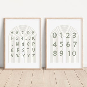 Descarga digital, juego de 2 impresiones, letras, arte de pared imprimible, habitación infantil neutra, habitación infantil bohemia, sala de juegos verde salvia, póster de números del alfabeto