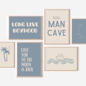 Set of 6, Little Man Cave, Long Live Boyhood ,Boho Blue Nursery, Wave Sun Poster, Baby Boys Kids Room Decor, Toddler Poster, shared room