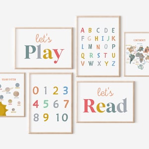 6 枚セット、教育用ポスター、子供用プリント、ニュートラル アルファベット ナンバー プリント、印刷可能、ホームスクールの装飾、リソース、ABC ポスター、遊びながら読みましょう