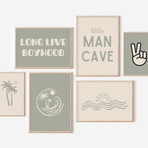 Set of 6, Little Man Cave, Long Live Boyhood ,Boho Green Nursery, Wave Sun Poster, Baby Boys Kids Room Decor, Toddler Poster, shared room