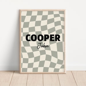 Personalized Name, Green Beige Print, Sage Nursery, Beige Boy room, Toddler Wall Decor, Downloadable, Printable, Checkerboard Kid Room