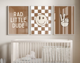 Rad Little Dude, Brown Nursery, Checkered Smiley Poster, Baby Boys Kids Room Decor, Toddler Poster, shared room, bohemian brown boy room