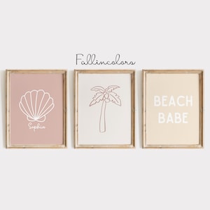 Beach Babe, Gallery Wall Set of 3, Girl Nursery Decor, Printable, Boho Beach Girl Wall Art, Surf Nursery, Surfer Kid Room, Personalized Name