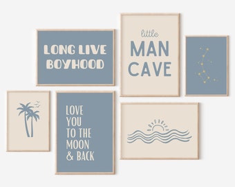 Set of 6, Little Man Cave, Long Live Boyhood ,Boho Blue Nursery, Wave Sun Poster, Baby Boys Kids Room Decor, Toddler Poster, shared room