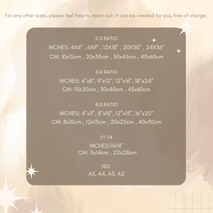 May include: A chart showing different aspect ratios for prints, with measurements in inches and centimeters. The ratios include 2:3, 3:4, 4:5, and 11:14. The chart also includes ISO paper sizes: A5, A4, A3, and A2.