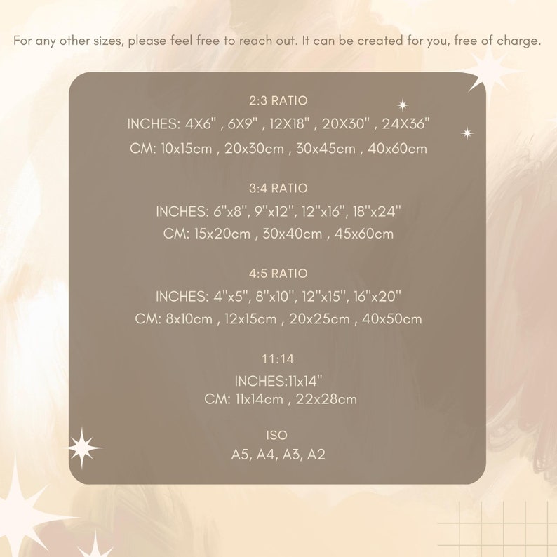 May include: A chart showing different aspect ratios for prints, with measurements in inches and centimeters. The ratios include 2:3, 3:4, 4:5, and 11:14. The chart also includes ISO paper sizes: A5, A4, A3, and A2.