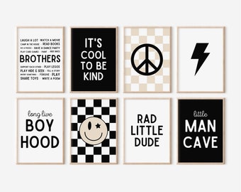 Set of 8 Print, Little Man Cave, Long Live Boyhood , Black White Nursery, Checkered Smiley Poster, Baby Boys Kids Room Decor, Toddler hey