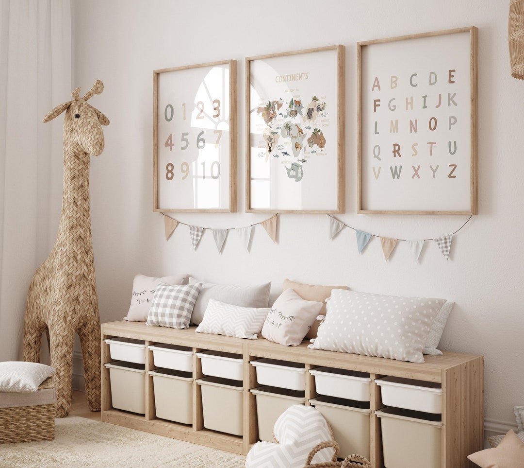 Educational Posters, Set of 3 Kids Prints, Neutral Alphabet Number