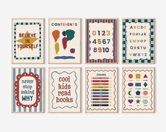 Set of 8 Educational ABC Number Prints, Kids Homeschool Decor, Classroom Decorative Posters, Back To School Prints (Digital Download)