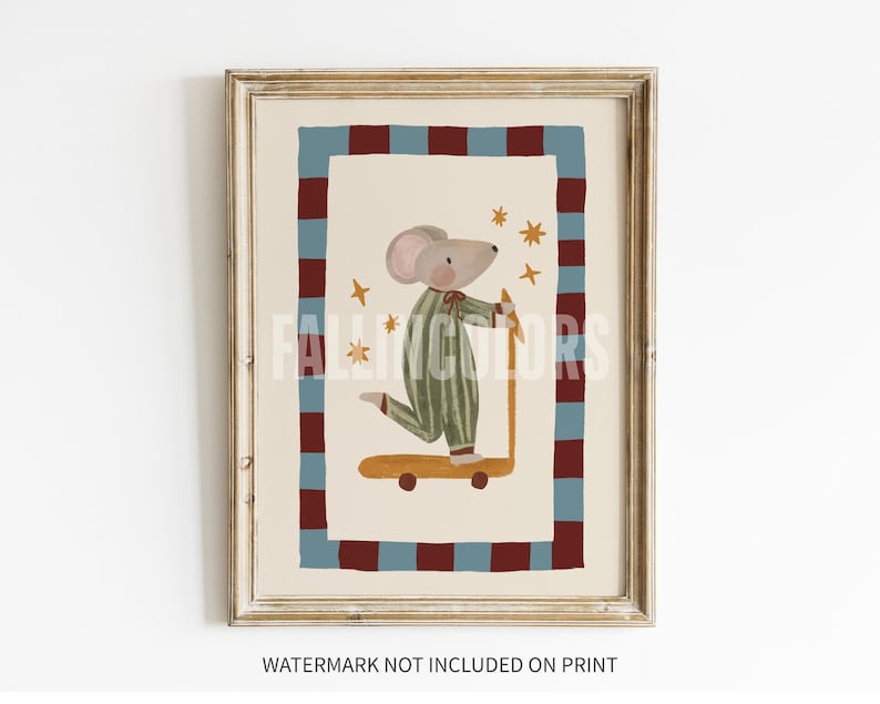 May include: A framed print showing a mouse in striped pyjamas on a scooter. The artwork has a cream background with a border of alternating burgundy and blue squares. Gold stars are scattered around the mouse.