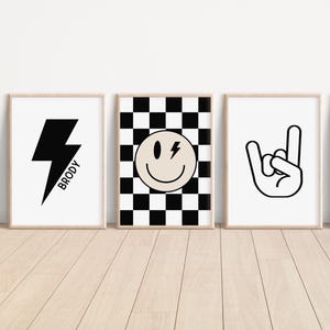 Nombre personalizado, póster de rock and roll, guardería en blanco y negro, póster a cuadros, decoración de habitación de niños bebés, póster para niños pequeños, rayo