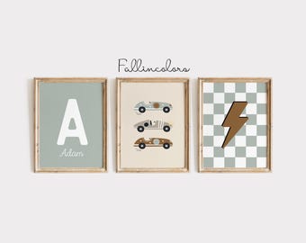 Personalized Car Print, Racing Car Nursery Print, Vintage Race Car Print, Boy Bedroom Wall Art, Set of 3, Race Car Wall Art, Boys Room Decor