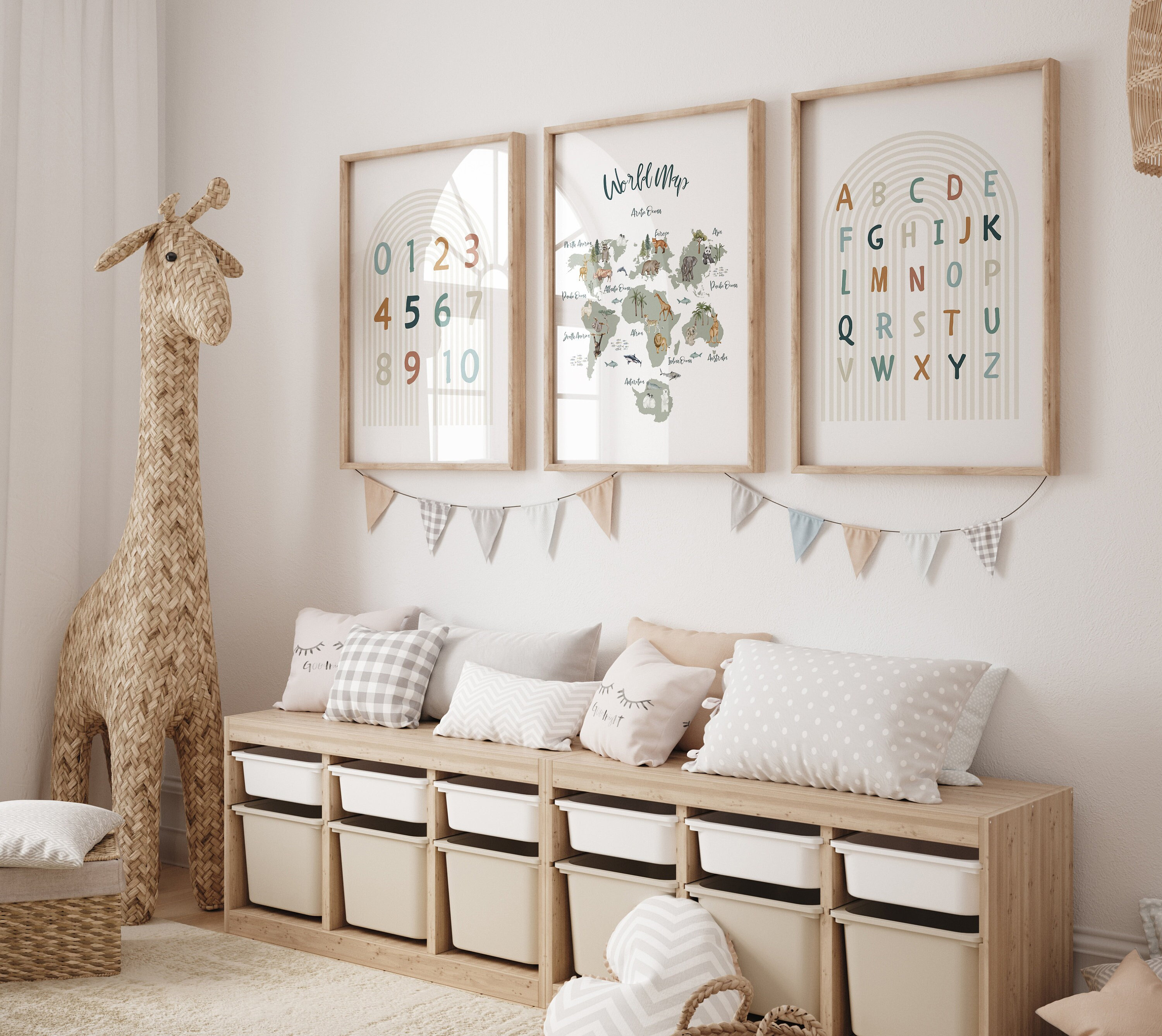 Set of 3 Kids Prints, Neutral Alphabet Number Prints, Printable, Homeschool Decor, Educational Resources, ABC POSTER, Educational Posters