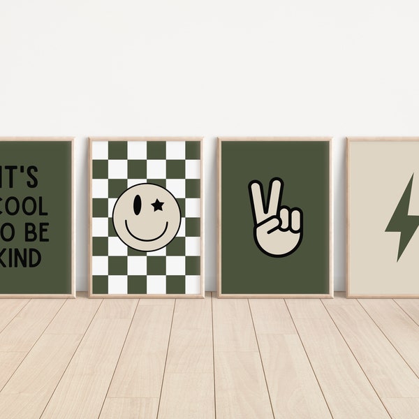 Set of 4, Its Cool To be Kind, Peace Sign, lightening bolt, Olive Green Nursery, Downloadable, Printable, Kid Room Decor, Toddler Room