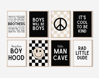 Set van 8 afdrukken, Little Man Cave, lang leve de jongens, zwart-wit kinderkamer, poster kinderkamer geruit, babyjongens decor kinderkamer, peuterposter