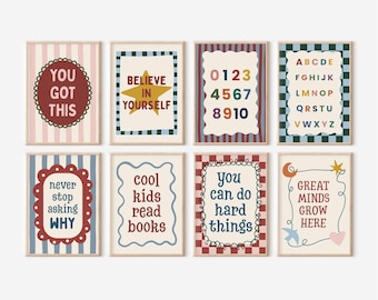 Set of 8 Educational ABC Number Prints, Kids Homeschool Decor, Classroom Decorative Posters, Back To School Prints (Digital Download)