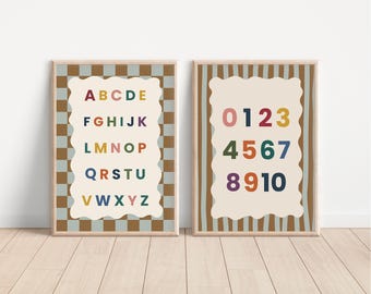 Set of 2 Educational ABC Number Prints, Kids Homeschool Decor, Classroom Decorative Posters, Back To School Prints (Digital Download)