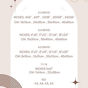 May include: A chart with different aspect ratios and their corresponding measurements in inches and centimeters. The ratios include 2:3, 3:4, 4:5, and 11:14. The chart also includes ISO paper sizes: A5, A4, A3, and A2.