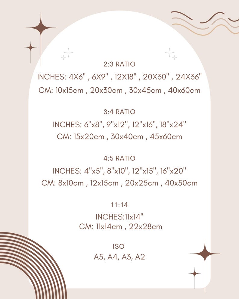 May include: A chart with different aspect ratios and their corresponding measurements in inches and centimeters. The ratios include 2:3, 3:4, 4:5, and 11:14. The chart also includes ISO paper sizes: A5, A4, A3, and A2.